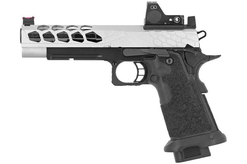 Pistolet Airsoft GBB Stryk Hi-Capa 5.1 Silver Lancer Tactical avec RMR