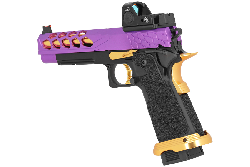 Pistolet Airsoft GBB Stryk Hi-Capa 5.1 Violet et Or Lancer Tactical avec RMR