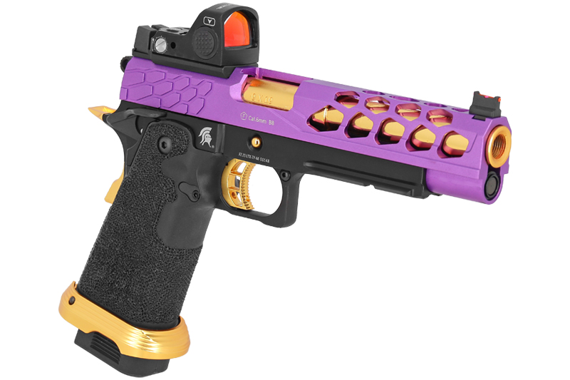 Pistolet Airsoft GBB Stryk Hi-Capa 5.1 Violet et Or Lancer Tactical avec RMR