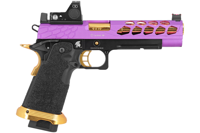 Pistolet Airsoft GBB Stryk Hi-Capa 5.1 Violet et Or Lancer Tactical avec RMR