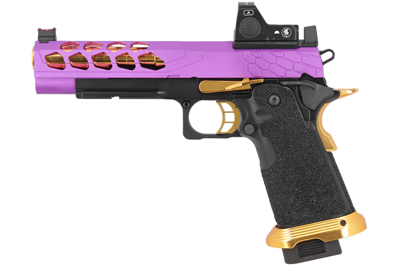 Pistolet Airsoft GBB Stryk Hi-Capa 5.1 Violet et Or Lancer Tactical avec RMR